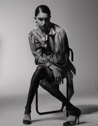 Monochrome portrait of a woman seated on a chair in a silk blouse, tights, and mule heels against a studio background.