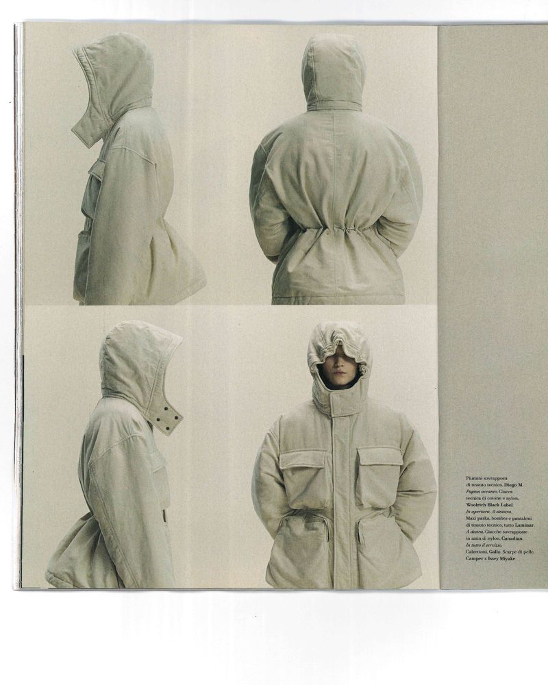 Fashion editorial shot: Model wearing a light beige hooded puffer jacket. Four angles show details of the jacket's design and fit.