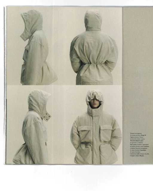 Fashion editorial shot: Model wearing a light beige hooded puffer jacket. Four angles show details of the jacket's design and fit.