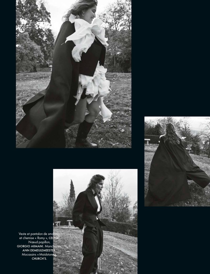 Black and white fashion shot of a woman in dramatic coat and ruffled top walking in park, with two inset shots of her attire.