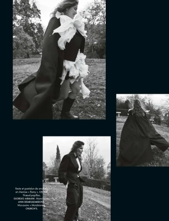 Black and white fashion shot of a woman in dramatic coat and ruffled top walking in park, with two inset shots of her attire.