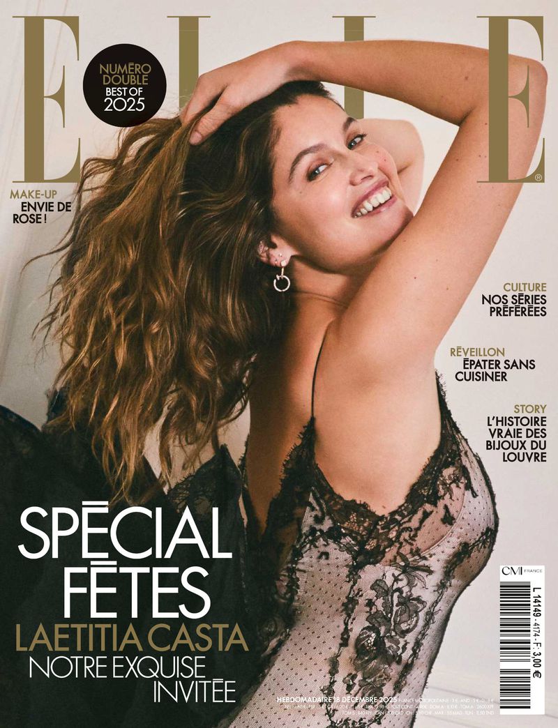 Elle magazine cover featuring Laetitia Casta, with the magazine's masthead, cover text for articles, and a promotional text about the issue.