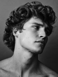 Black and white close-up portrait of model Maxime Laval looking sideways with curly dark hair and bare shoulders.