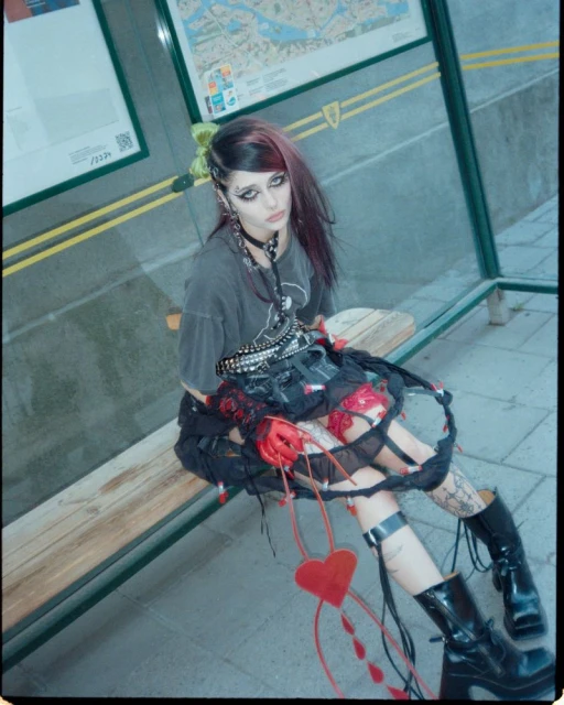 Young woman in a black skirt, t-shirt, and boots, sitting on a bench at a bus stop with a map background, expressing a melancholic mood.