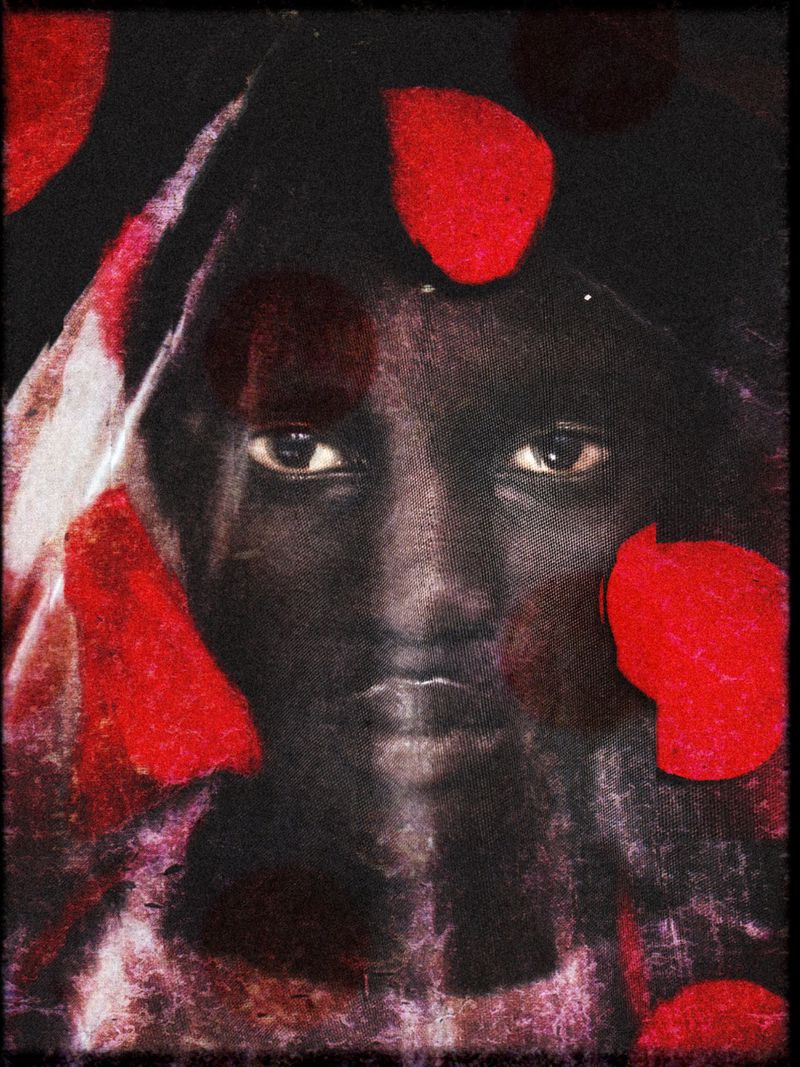 Portrait of a person with dark skin, wearing a head covering, surrounded by red floral elements in an artistic, stylized composition.