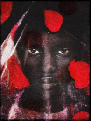 Close-up portrait of model Aluel Keror with textured grain, dark tones, and bright red circular spots layered over her face.
