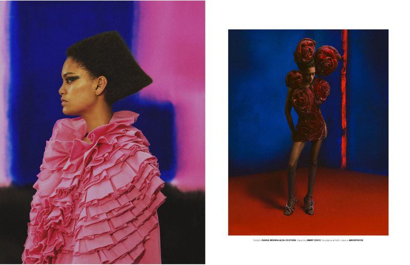 Two images featuring a fashion model wearing a pink dress with ruffles and another wearing a dress with red flower adornments.