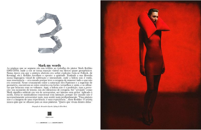Fashion editorial featuring a slender woman in a red dress with a large collar posing against a red background, next to magazine text.