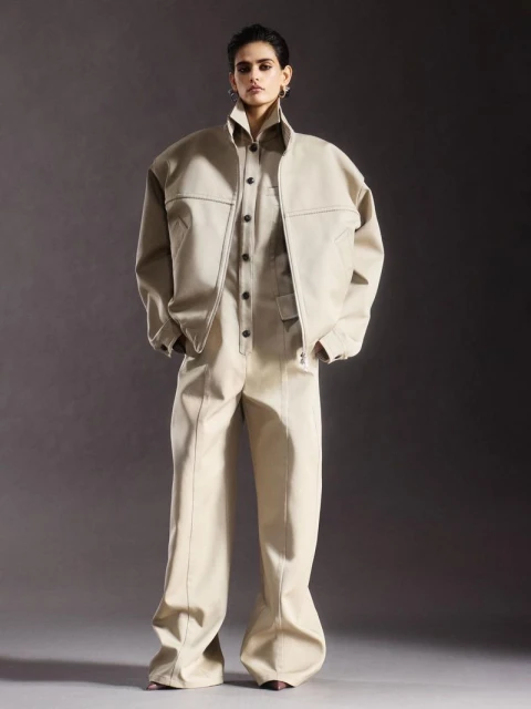 An adult fashion model stands in a photo studio wearing a light tan zipper jacket and matching jumpsuit with flared legs against a grey background.