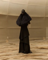Model Daniel Ajang wearing a black layered ensemble with a shaggy fur stole against a draped beige parachute tent background.