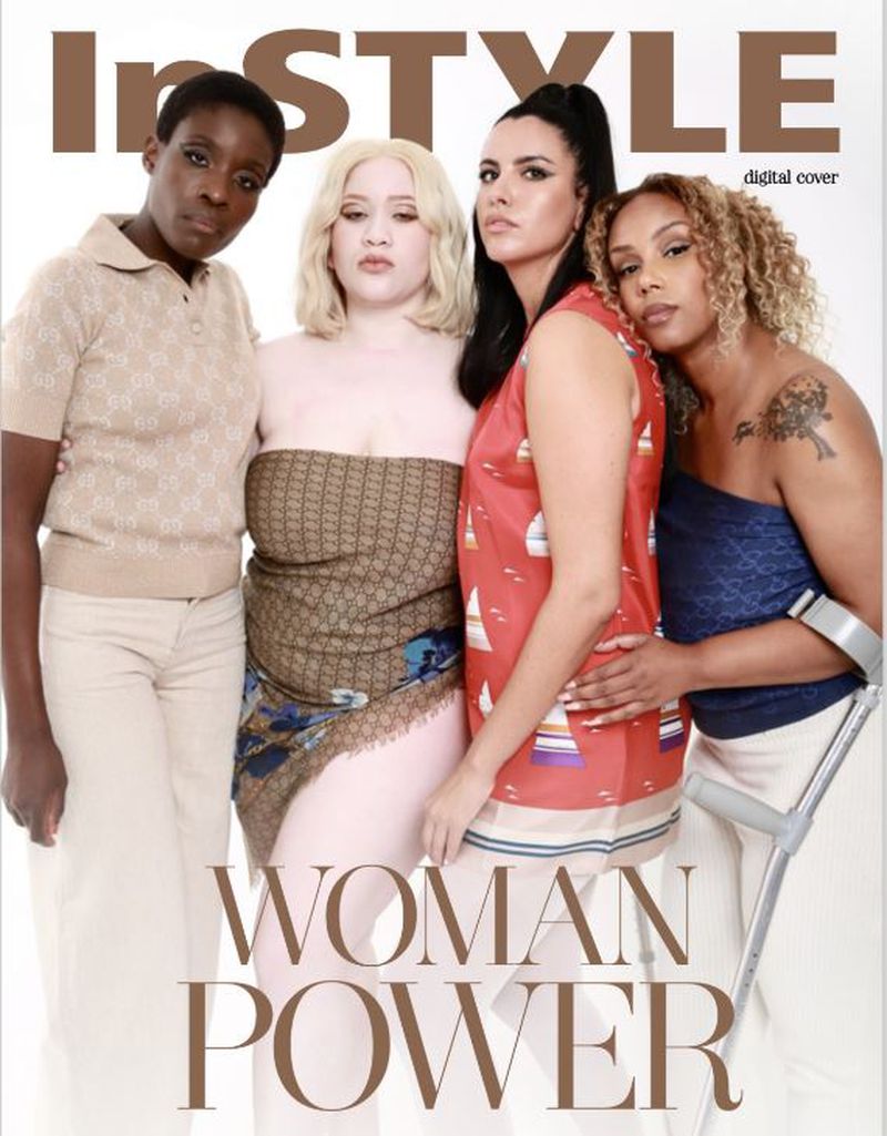 Diverse group of four adult women posing for InStyle cover; three stand and one leans on them with forearm crutch. Woman Power.