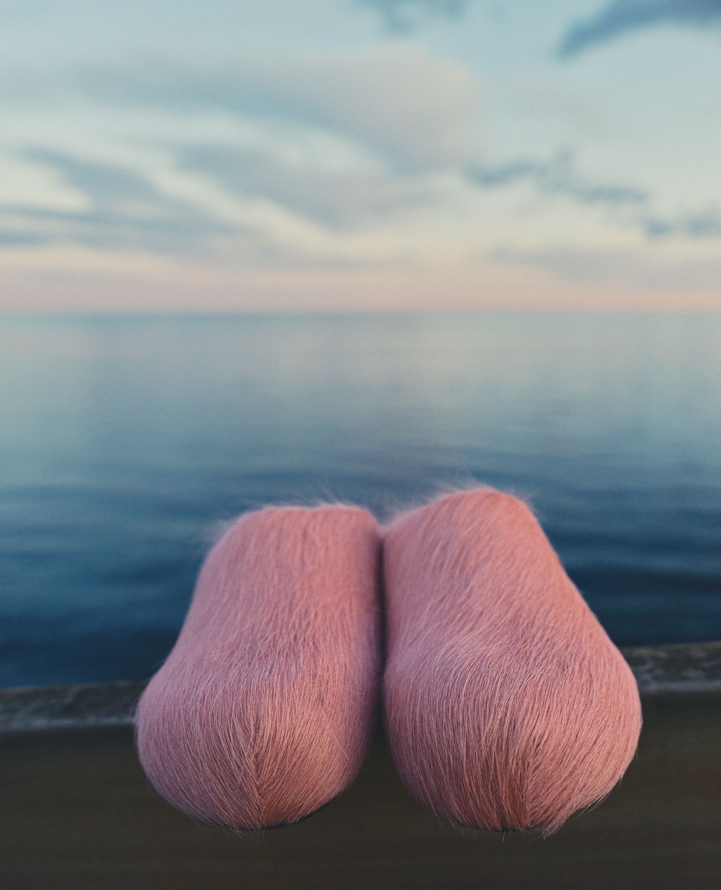 Close-up of two pink, fuzzy slipper shoes sitting on a ledge with a blurred background of a blue ocean and sky during daytime.