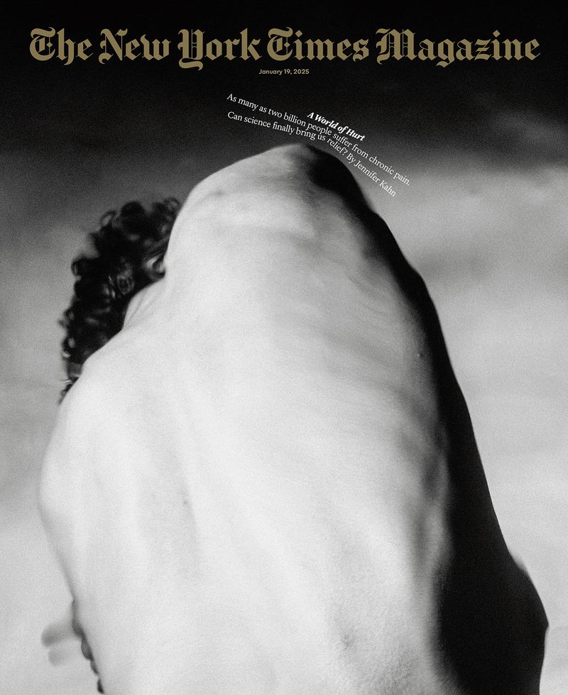 Black and white cover of The New York Times Magazine featuring a photo of a person's back and head, with visible text.