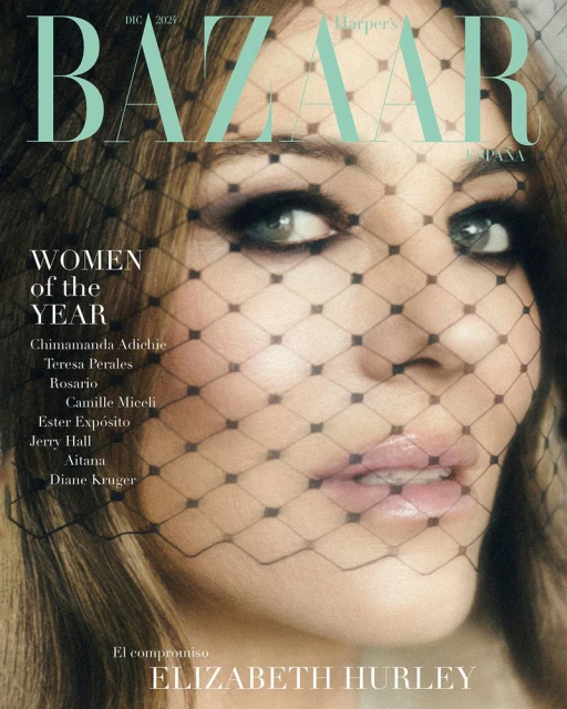 Bazaar cover featuring a close-up of a woman's face partially covered by a black net veil, with a focus on her eyes and makeup.
