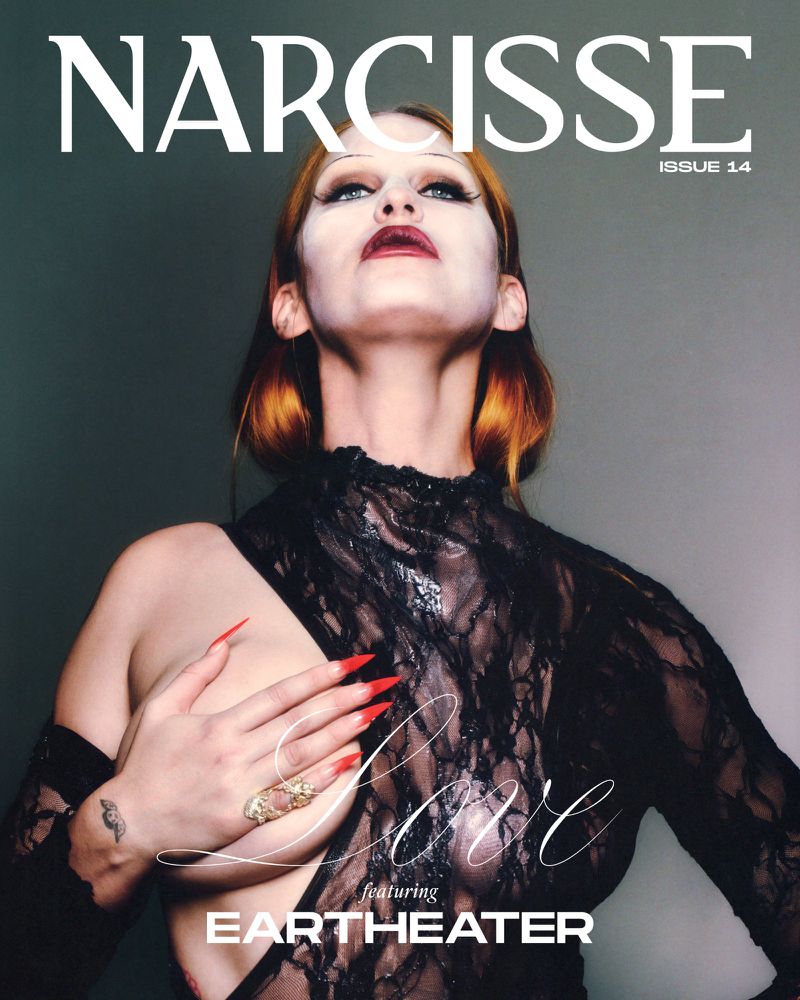Narcisse Magazine cover featuring EarthEater. The cover is an eye-level shot of the singer with dramatic makeup wearing black lace.