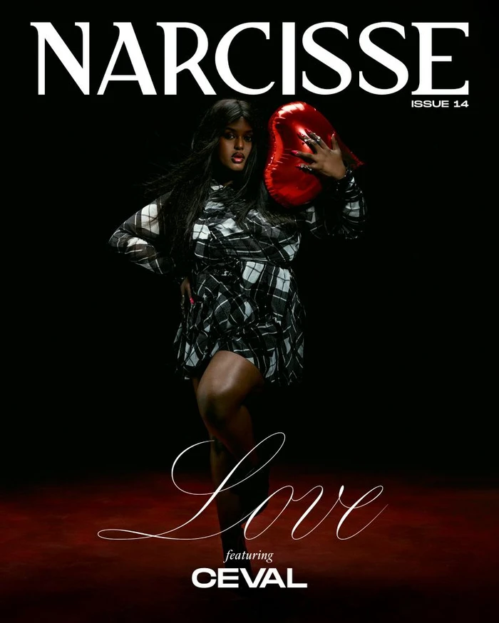 Model Ceval holding a red heart-shaped balloon wearing a plaid dress against a dark background for Narcisse issue 14