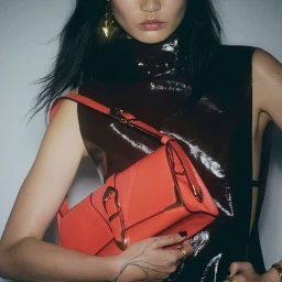 Model wearing a shiny dark brown top and holding a bright orange structured handbag with a buckle.