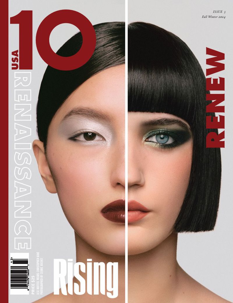 Magazine cover featuring a split portrait of a woman with contrasting makeup styles, showcasing a modern and artistic beauty aesthetic.