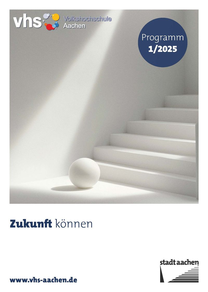 Image for VHS Aachen, showing a minimalist composition with white steps, a sphere, and diffused light, promoting their program.