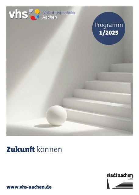 Image for VHS Aachen, showing a minimalist composition with white steps, a sphere, and diffused light, promoting their program.