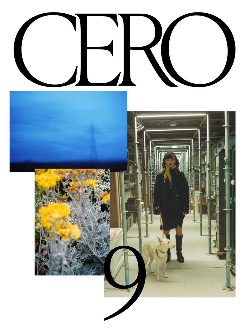 Editorial fashion shot featuring a woman in a black outfit walking a white dog in an indoor location, accompanied by collage-style elements.