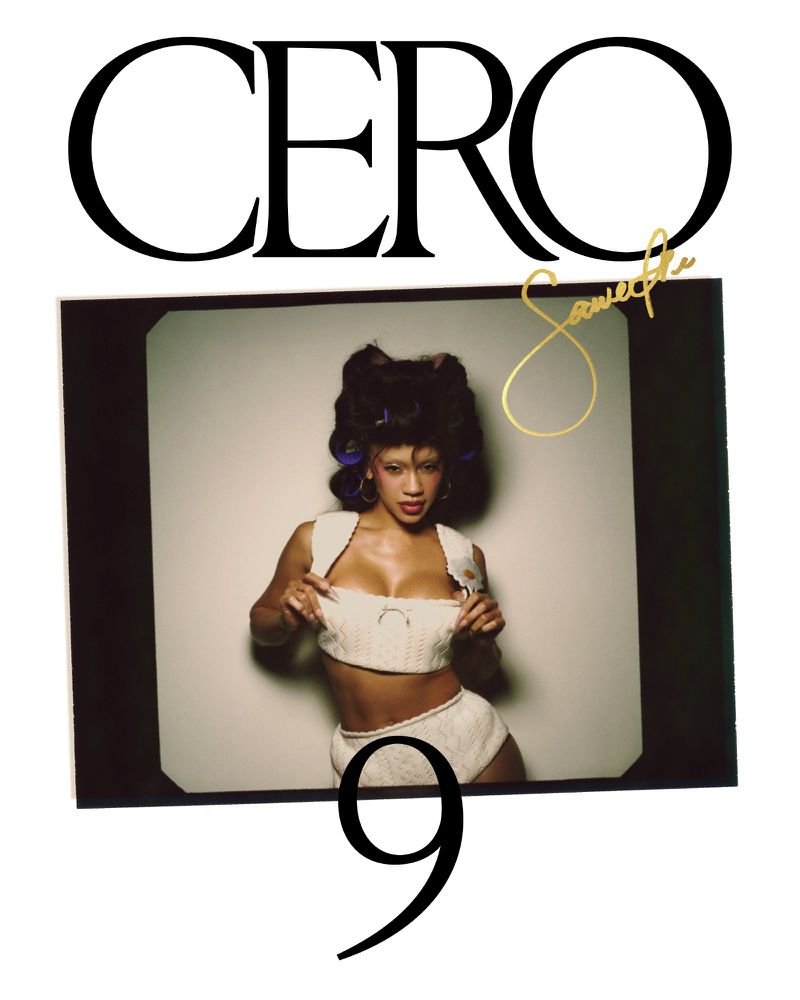 Photo of an adult female wearing a knit two-piece outfit, posing indoors, displayed as a framed photograph with overlaid text.