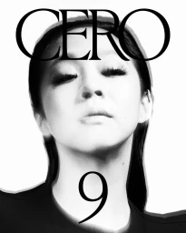 Monochrome portrait of a woman with dark hair against a bright white background, featuring large bold CERO typography.