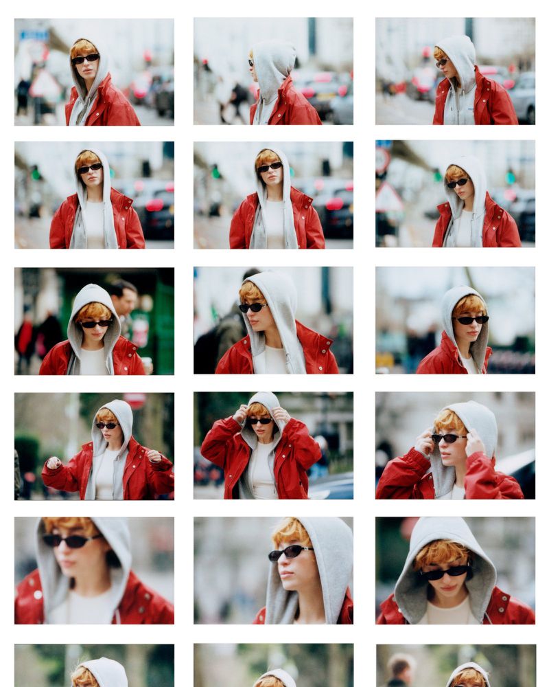 Collage of a fashionable adult female with auburn hair wearing sunglasses, a grey hoodie, and a red jacket, posing in an urban environment.