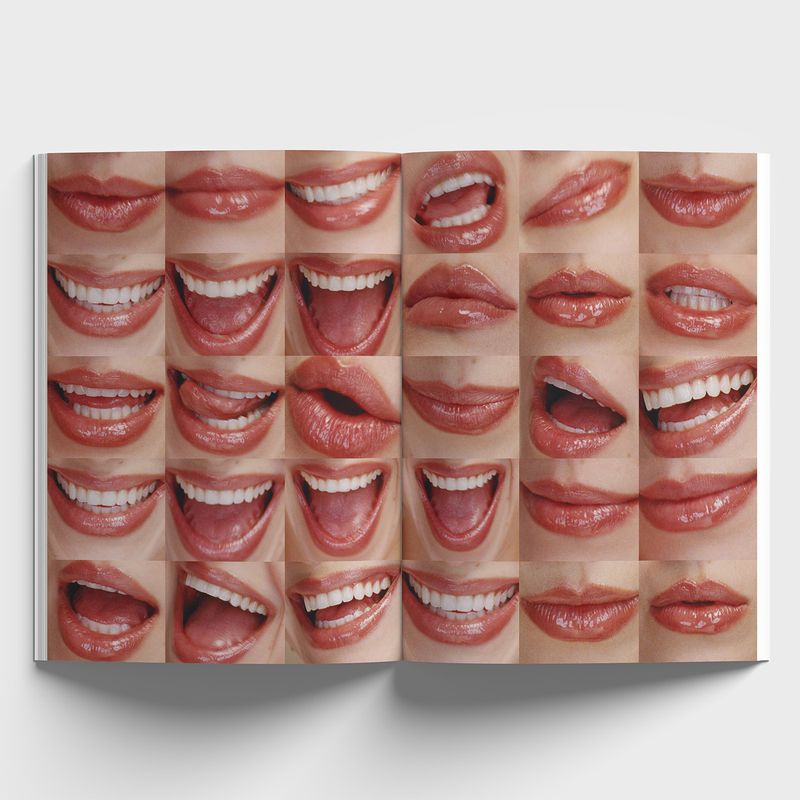 Book open to a two-page spread featuring a grid of close-up shots of diverse mouths with healthy teeth, lips, and tongues. 