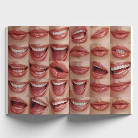 A magazine spread featuring a grid of close-up photographs showing various expressions of lips and teeth.