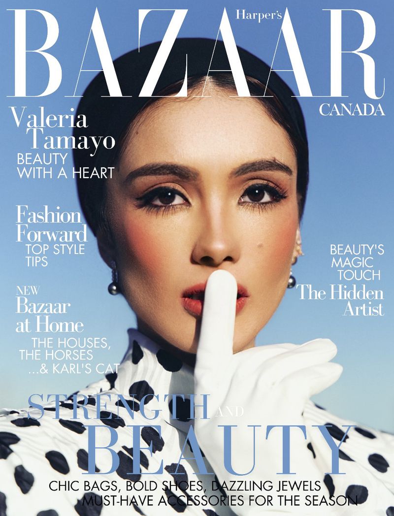 Harper's Bazaar Canada cover featuring Valeria Tamayo in a polka dot dress and white gloves, holding a finger to her lips in a quiet gesture.