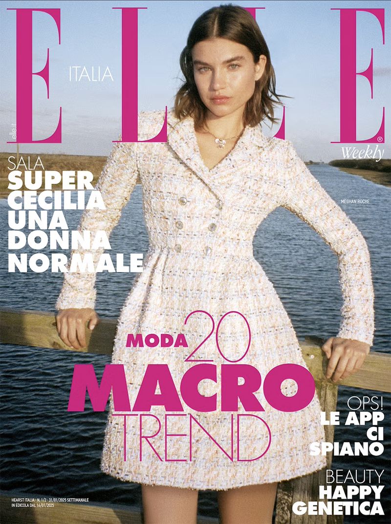 Elle Italia magazine cover featuring a model in a patterned dress with a water background and visible text elements.
