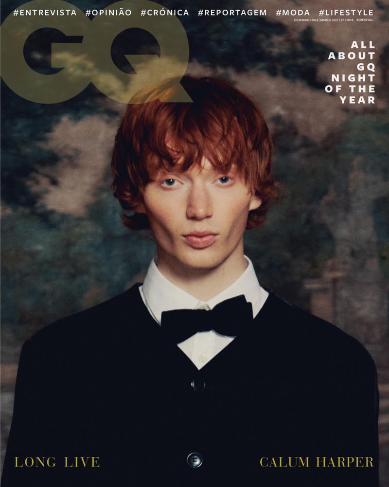GQ magazine cover featuring Calum Harper in a formal black suit, with visible masthead, hashtags and cover text.