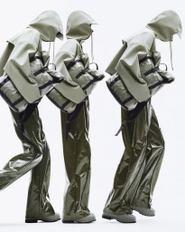Multiple sequential exposures of a model wearing a hooded jacket and glossy trousers carrying a large bag against white background