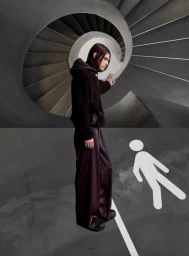 Model in dark brown hoodie and trousers touching a spiraling architectural structure