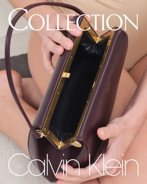 Close-up studio shot of a burgundy leather handbag with gold hardware held open by a person against a light-toned backdrop.