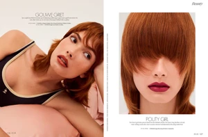 Magazine beauty editorial spread featuring a model with auburn hair and bold lipstick across two pages.