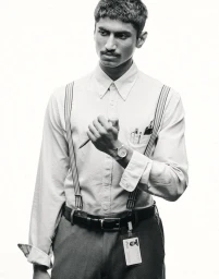 A young South Asian man wearing a button-down shirt and striped suspenders holds a pen against a plain white background in black and white.