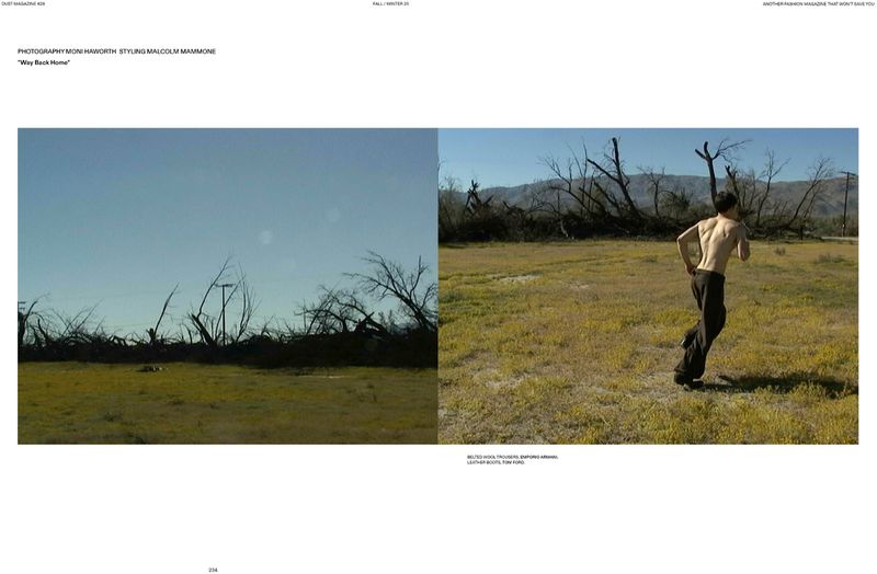 A man runs shirtless through a grassy field in a split image, contrasting with a barren landscape of dead trees under a clear blue sky.