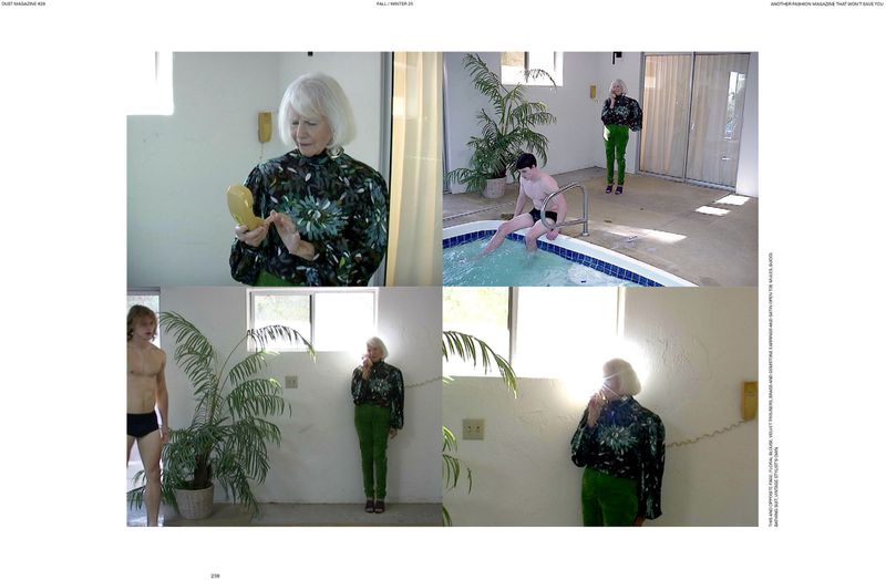 Multi-panel image featuring two women and one man in indoor settings with retro decor, including a pool and potted plants.