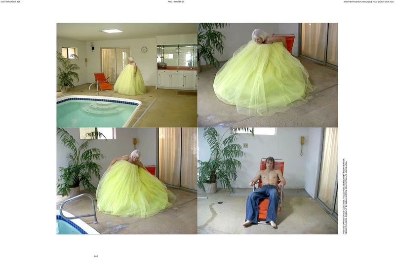Multiple images of a woman in a large yellow dress indoors, contrasted with a man in jeans, sitting in a deck chair in an indoor setting.