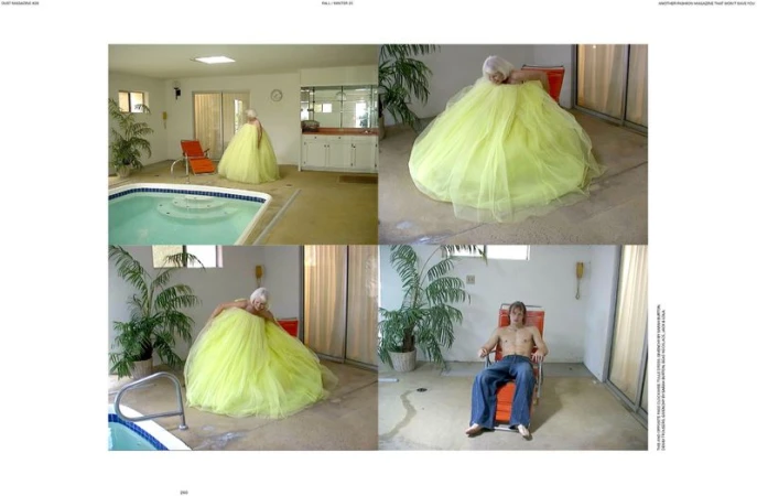 Multiple images of a woman in a large yellow dress indoors, contrasted with a man in jeans, sitting in a deck chair in an indoor setting.