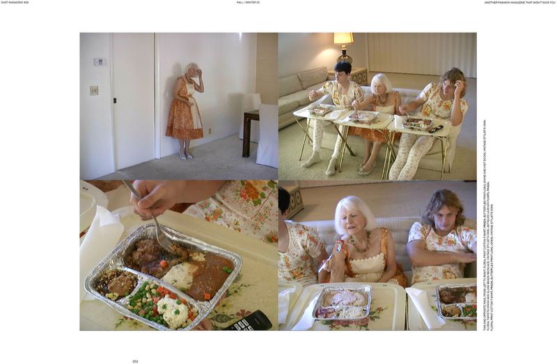 Multiple images showing an elderly woman in a patterned dress, dining tables set with tray meals, and an indoor domestic setting.