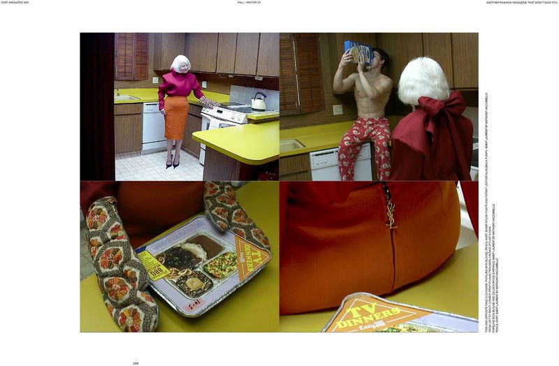 Collage of fashion shots featuring two people indoors with vintage kitchen aesthetics, and focus on fashion accessories and retro-styled meals.