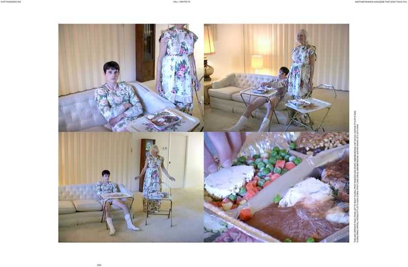 A collage features an adult female and an adult male wearing floral print clothing in an indoor setting, seated or standing in a living room.