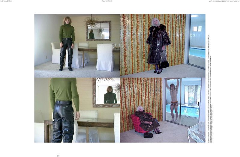 Multi-panel fashion editorial displays two adult women in long coats and one adult male with exposed torso, set in a minimalist house.