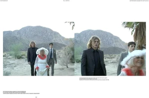 Fashion editorial spread with models and an elderly woman in a white dress walking through a desert mountain landscape.