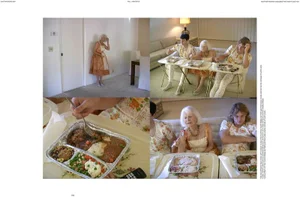 Multi-panel magazine editorial featuring people eating TV dinners on folding trays in a living room for Dust Magazine.