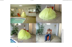 Editorial spread with a model in an oversized yellow tulle gown by an indoor pool and Anthony Foster shirtless on an orange lounger.
