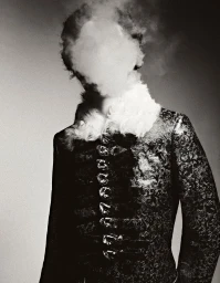 Model wearing an ornate brocade jacket with a fur collar, their face obscured by smoke against a neutral studio backdrop.